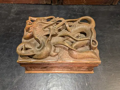 Antique Chinese Carved Wooden Puzzle Box with Dragon & Serpent Motifs – c.1900