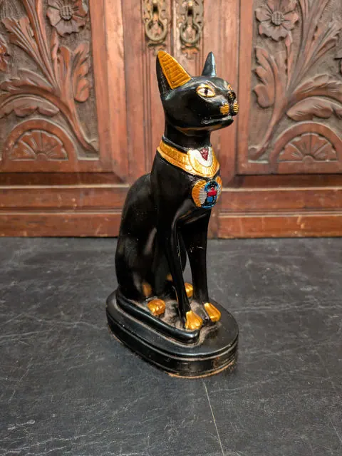 Egyptian Bastet Cat Statue, Black & Gold Decorative Figure