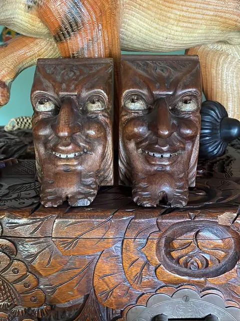 Antique Wall Sculpture, Pair of 19th Century French Carved Wood Devil Heads