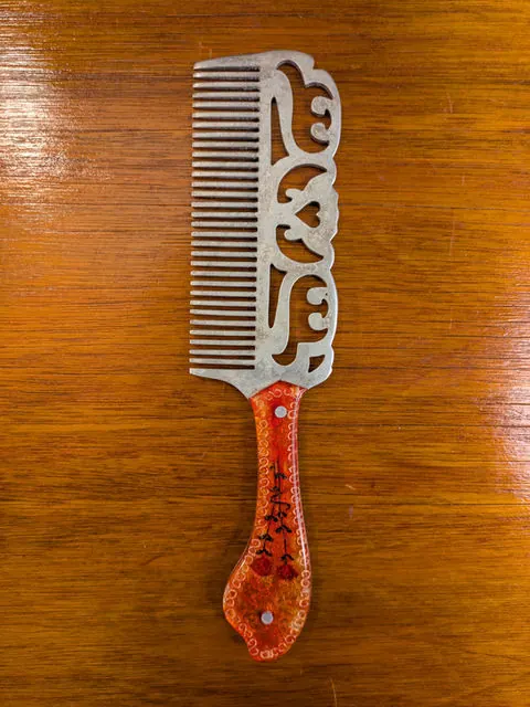 Vintage Ussr Decorative Metal Comb with Transparent Resin Floral Hand (Roses)