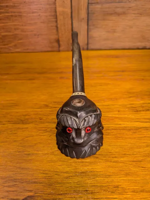 Vintage Hand-Carved Wood Character Pipe, 20cm, Soviet Prison Art