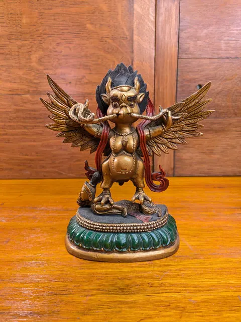 Tibetan Garuda (Khyung) Winged Protector Statue, Hand-Painted Iron/Steel