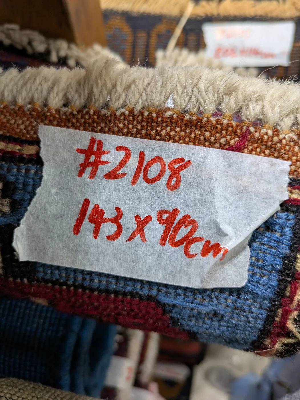 Afghan War Rug #2108: cream, with helicopters, tanks and fighter jets, 143 x 90 cm, photo 8 of 8, the tag on the back