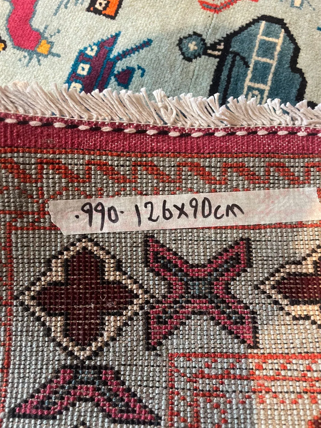 Afghan War Rug #990: pale blue, with helicopters, tanks and hand grenades, 126 x 90 cm, photo 4 of 4
