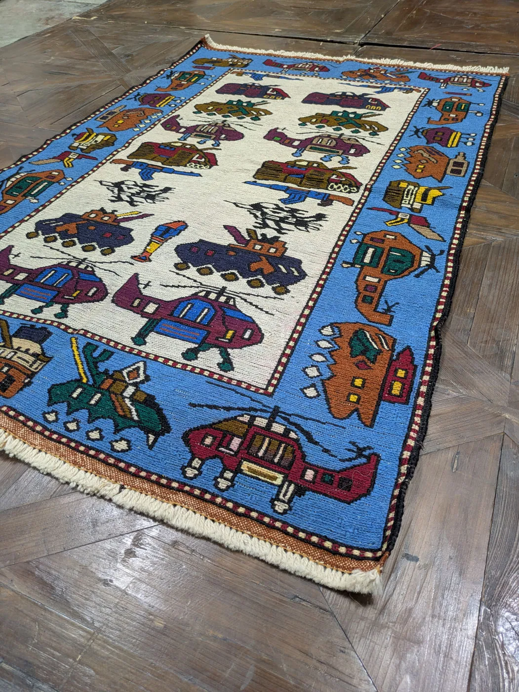 Afghan War Rug #2108: cream, with helicopters, tanks and fighter jets, 143 x 90 cm, photo 7 of 8
