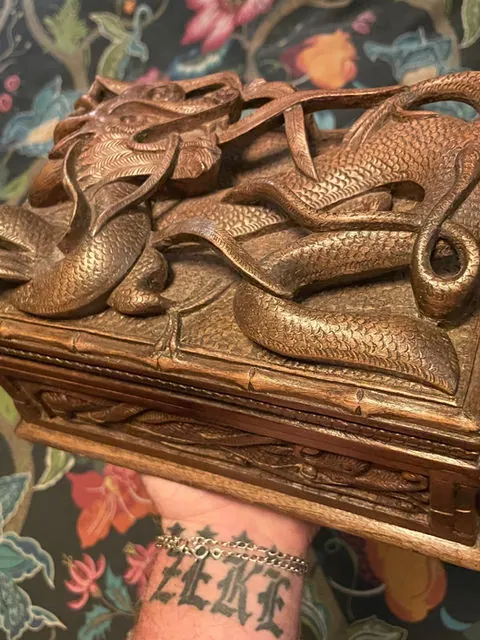 Antique Chinese Carved Walnut Wood Jewellery Box With Secret Unlock Mechanism