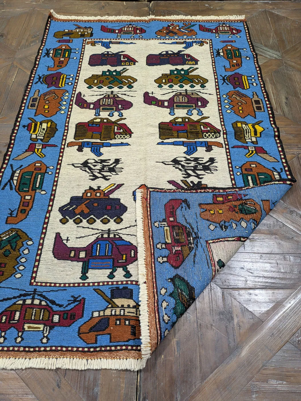 Afghan War Rug #2108: cream, with helicopters, tanks and fighter jets, 143 x 90 cm, photo 2 of 8