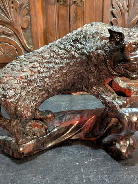 Antique Japanese Hand-Carved Boxwood Wild Cat Sculpture on Root Base, c.1890