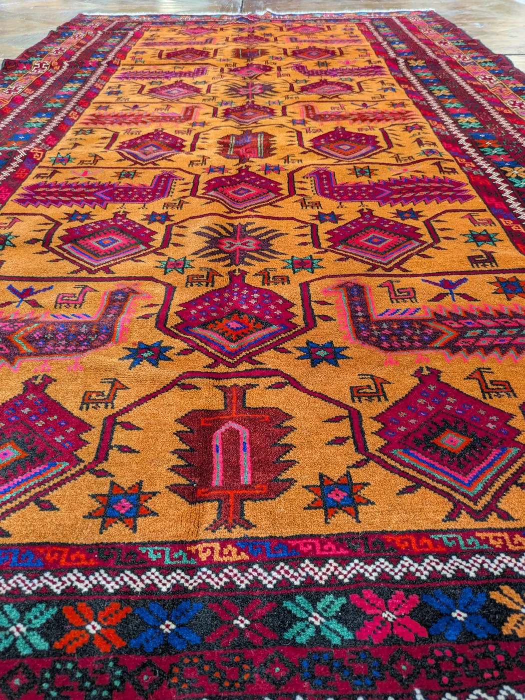 Afghan Rug #2080: orange, with diamond medallions and birds, 232 x 128 cm, photo 4 of 8