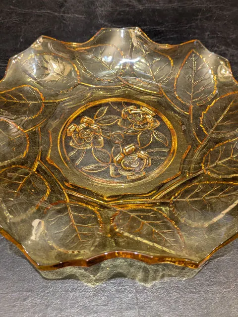 Vintage Amber Pressed Glass Leaf & Rose Serving Bowl / Dish