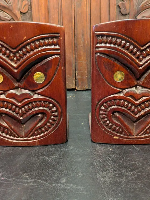 Vintage Hand-Carved Tiki Bookends, Polynesian / Tribal Hardwood, c.1950s to 1970s