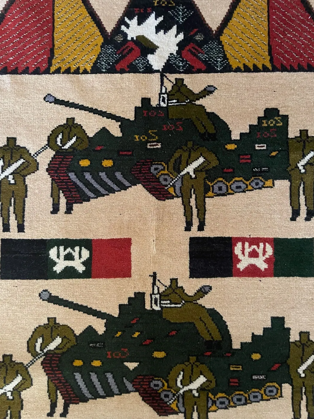 Afghan War Rug #1052: cream, with tanks, soldiers, Afghan flags and fighter jets, 139 x 100 cm, photo 5 of 8