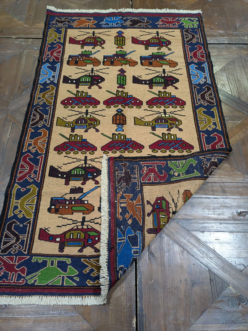 Afghan War Rug #2077: beige, with helicopters, tanks and rows of vehicles, 145 x 87 cm, photo 7 of 8