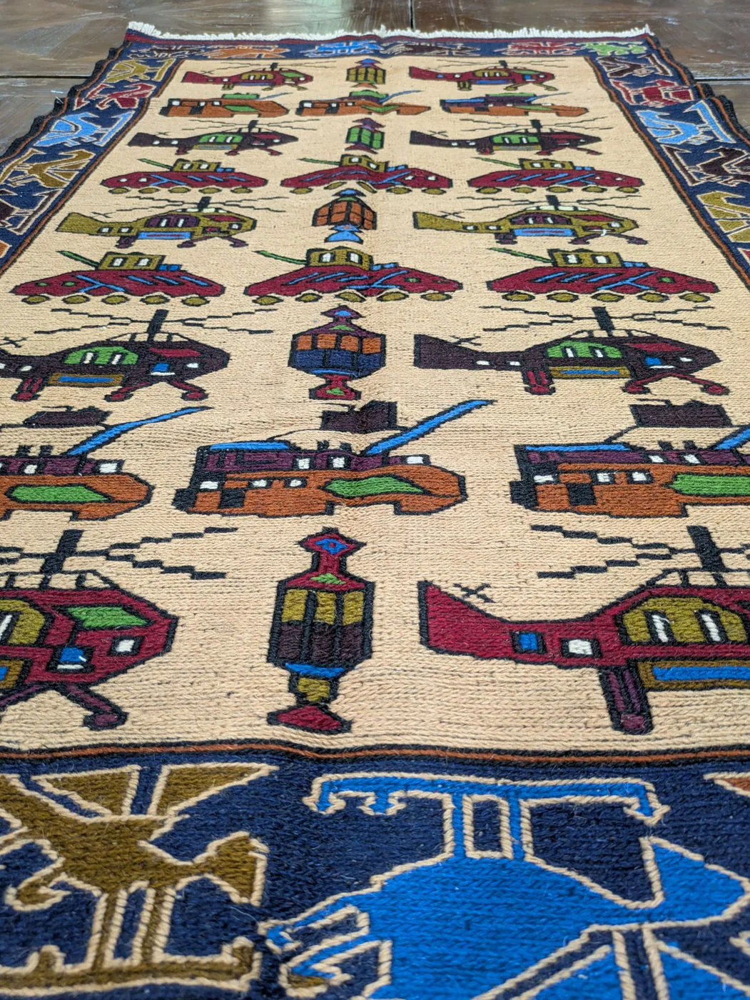 Afghan War Rug #2077: beige, with helicopters, tanks and rows of vehicles, 145 x 87 cm, photo 3 of 8