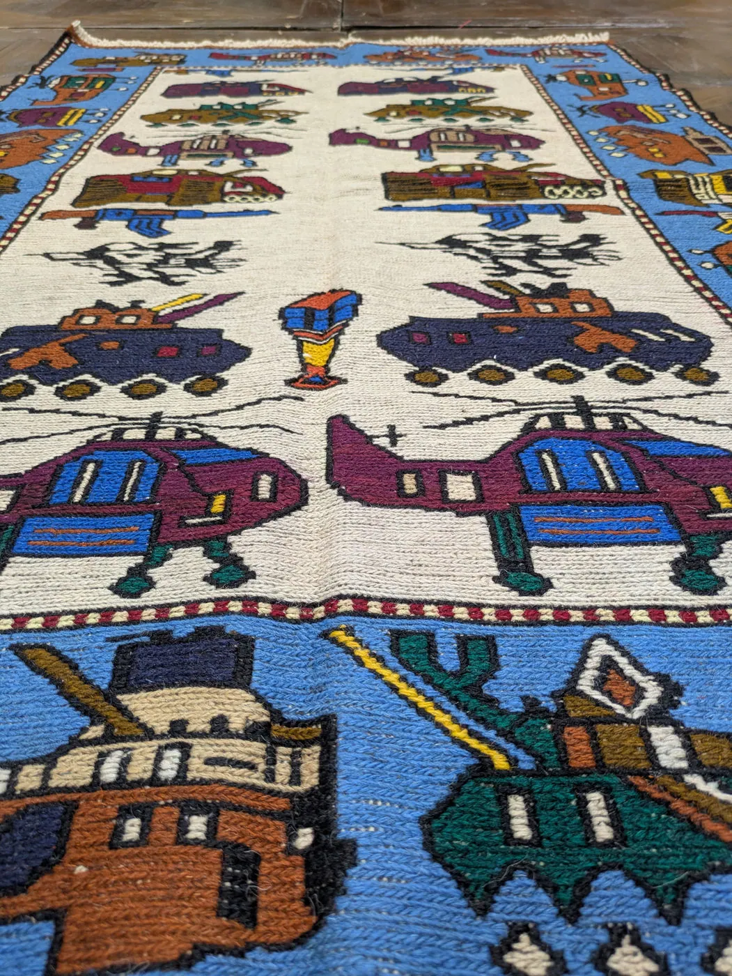 Afghan War Rug #2108: cream, with helicopters, tanks and fighter jets, 143 x 90 cm, photo 5 of 8