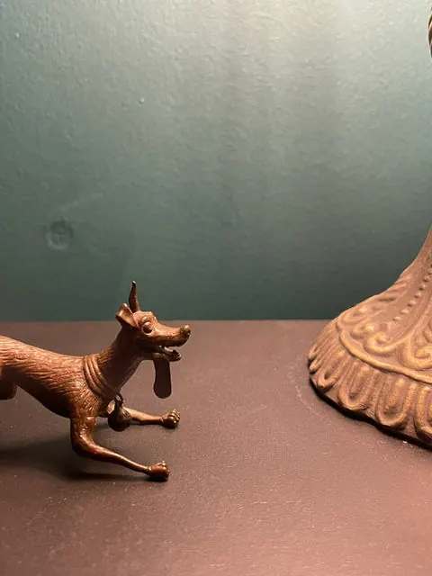 Vintage Bronze Dog Figurine, Playful Pose with Bell Collar, Mid Century