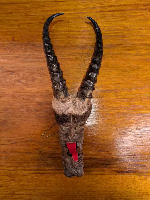 Vintage Alpine Krampus Wall Mask, Carved Wood, Real Horns & Hair, Large 63cm
