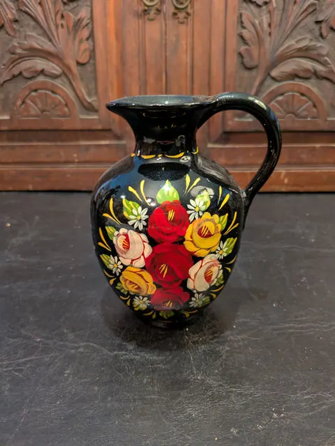 Vintage Hand-Painted Black Ceramic Jug / Vase, German Folk Art Floral Decoratio