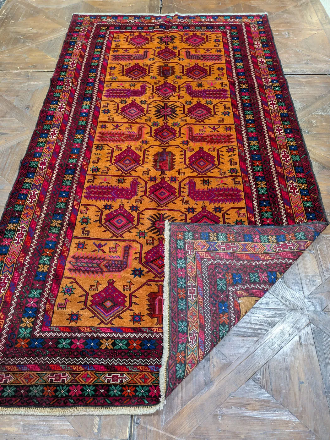 Afghan Rug #2080: orange, with diamond medallions and birds, 232 x 128 cm, photo 6 of 8