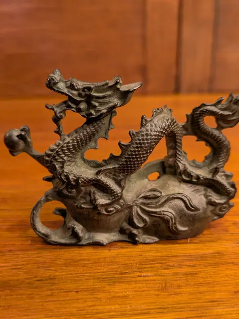 Vintage Chinese Bronze Dragon Figurine on Wave Base