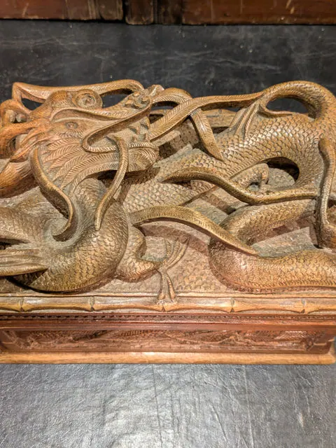 Antique Chinese Carved Wooden Puzzle Box with Dragon & Serpent Motifs, c.1900