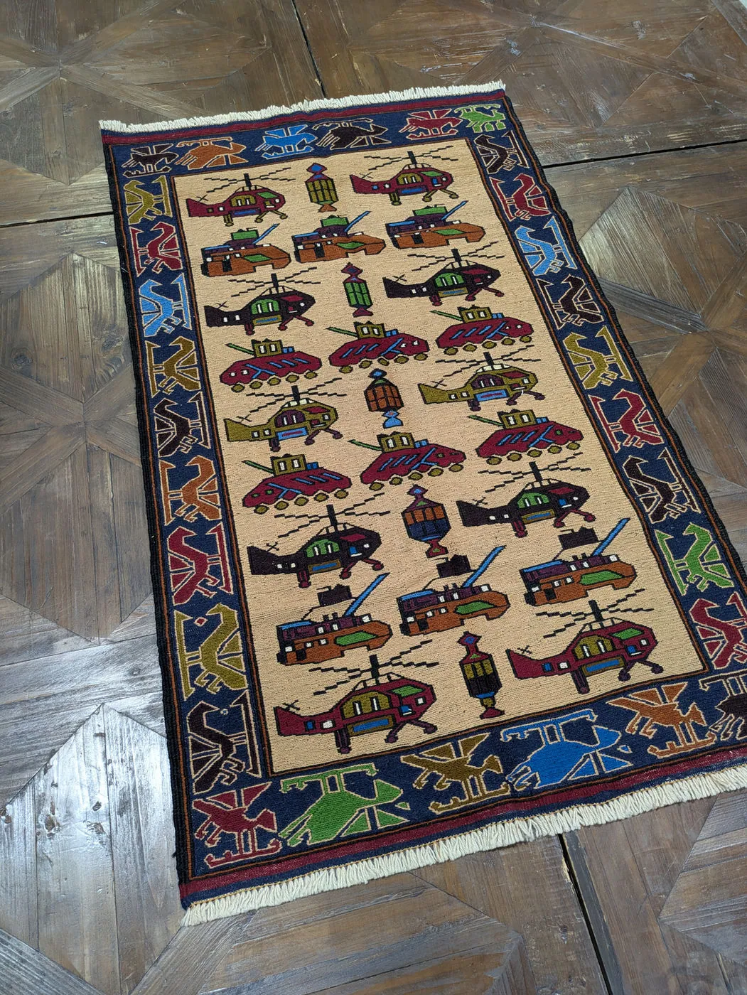 Afghan War Rug #2077: beige, with helicopters, tanks and rows of vehicles, 145 x 87 cm, photo 2 of 8