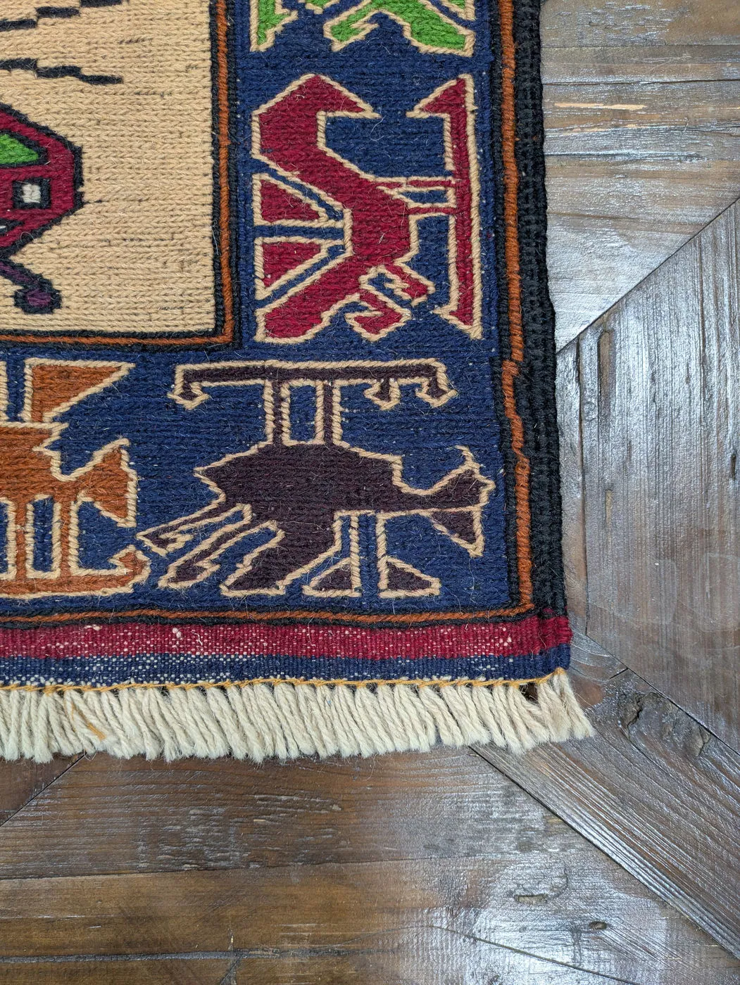 Afghan War Rug #2077: beige, with helicopters, tanks and rows of vehicles, 145 x 87 cm, photo 5 of 8