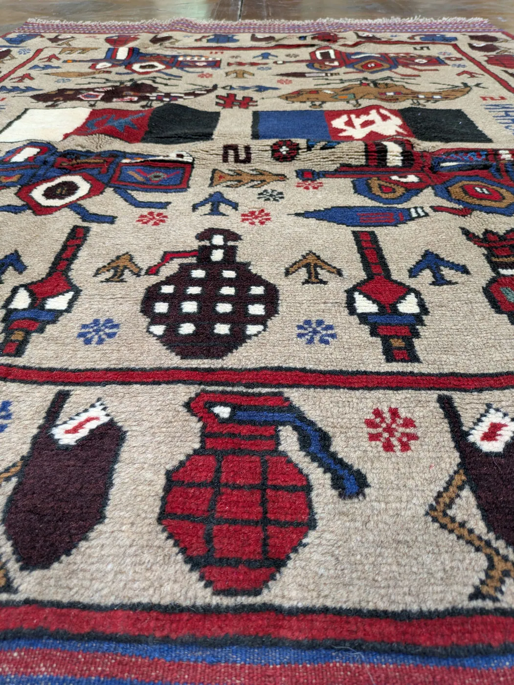 Afghan War Rug #2075: beige, with tanks, helicopters, hand grenades, flags and AFGHAN, 184 x 132 cm, photo 4 of 8