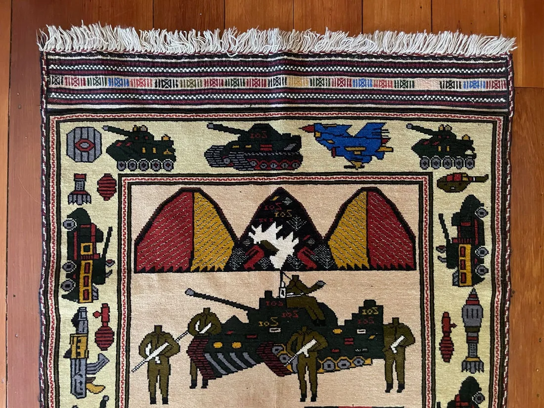 Afghan War Rug #1052: cream, with tanks, soldiers, Afghan flags and fighter jets, 139 x 100 cm, photo 4 of 8