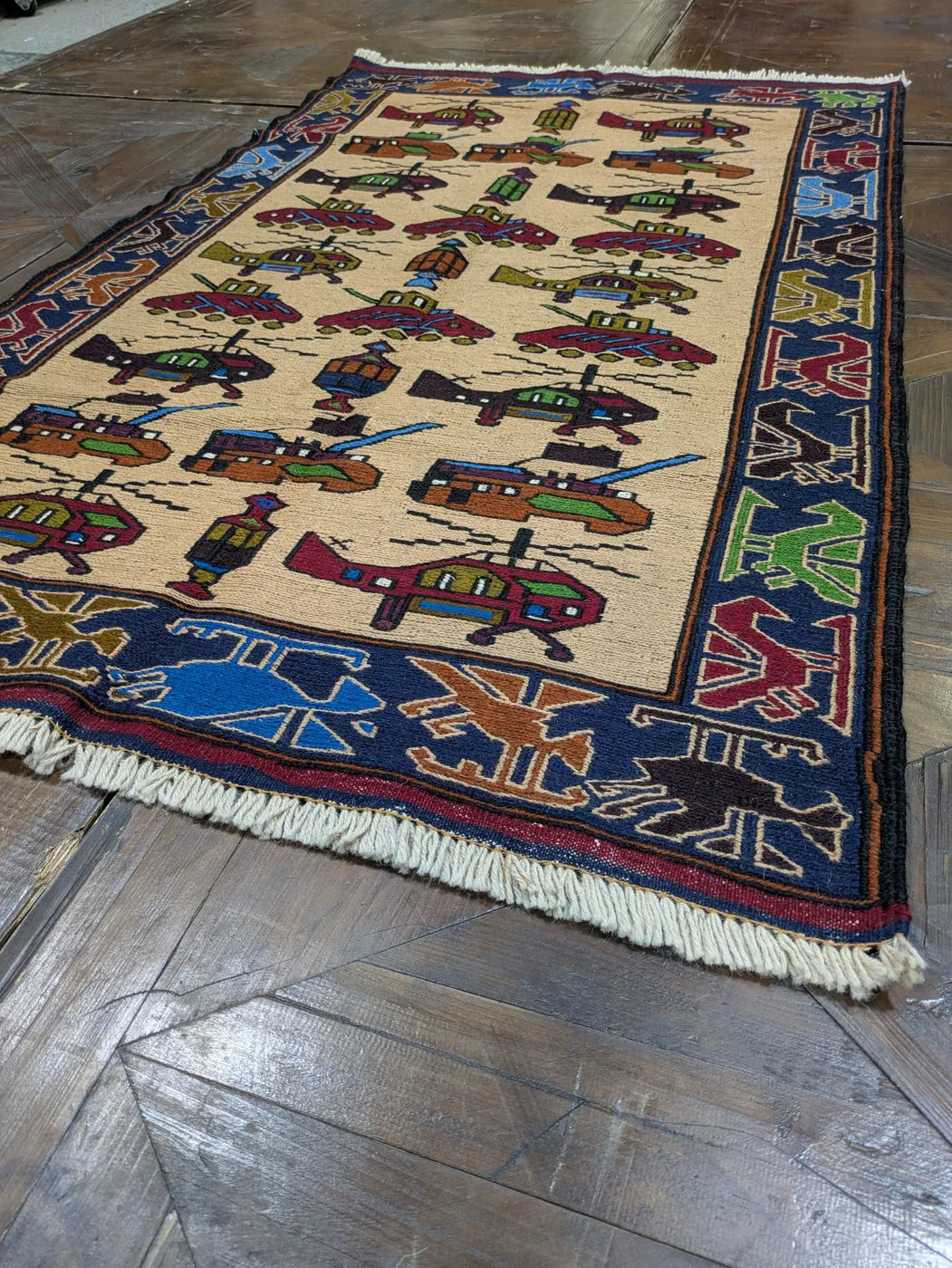 Afghan War Rug #2077: beige, with helicopters, tanks and rows of vehicles, 145 x 87 cm, photo 4 of 8