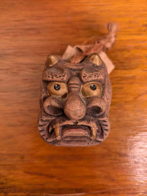 Vintage Japanese Oni Clay Bell, Demon Face Hanging Charm, Mid Centuryy Folk Art