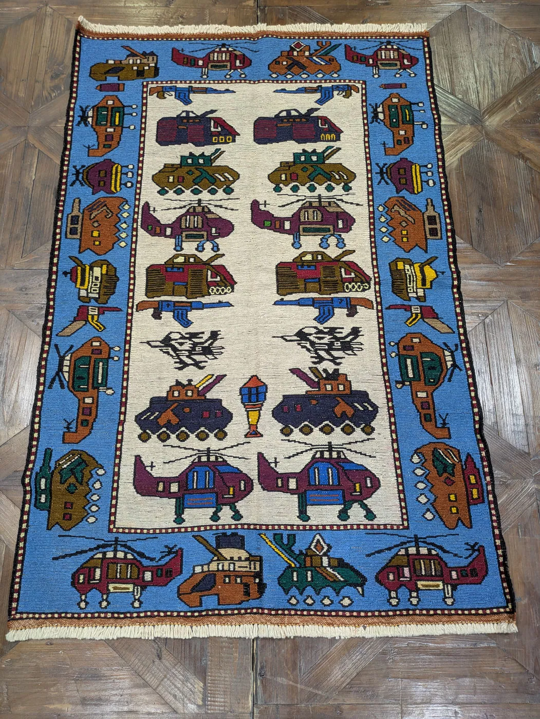 Afghan War Rug #2108: cream, with helicopters, tanks and fighter jets, 143 x 90 cm, photo 1 of 8