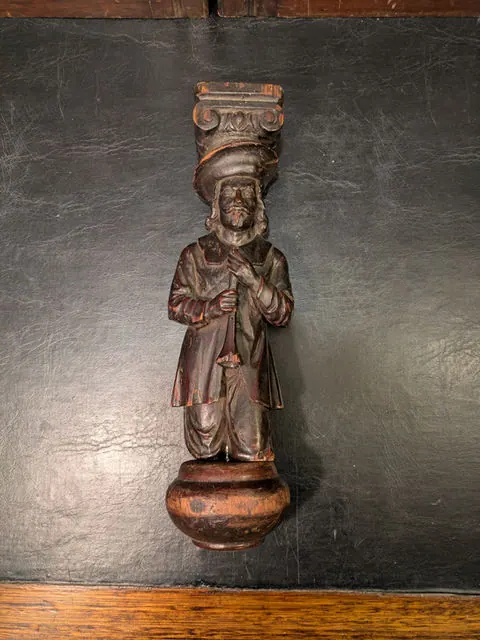 Antique European Carved Wood Corbel, Tyrolean Folk Musician Figure, c.1900