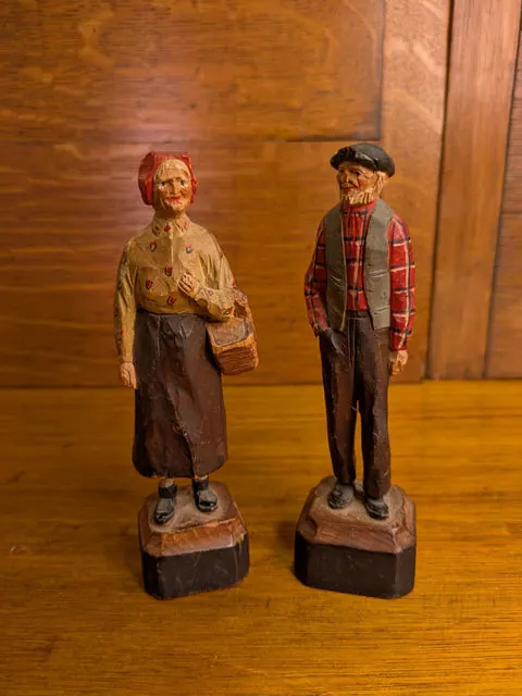 Vintage Hand-Carved Folk Art Figurine Pair, Elderly Man & Woman