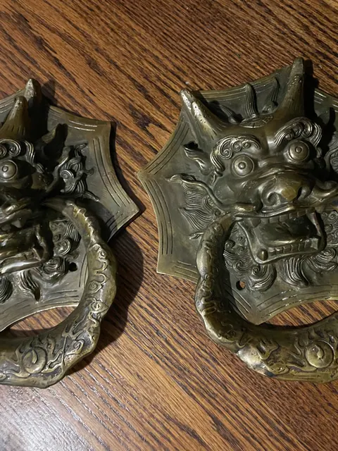 Heavy Copper Dragonhead doorknockers 20cm diameter (approx)