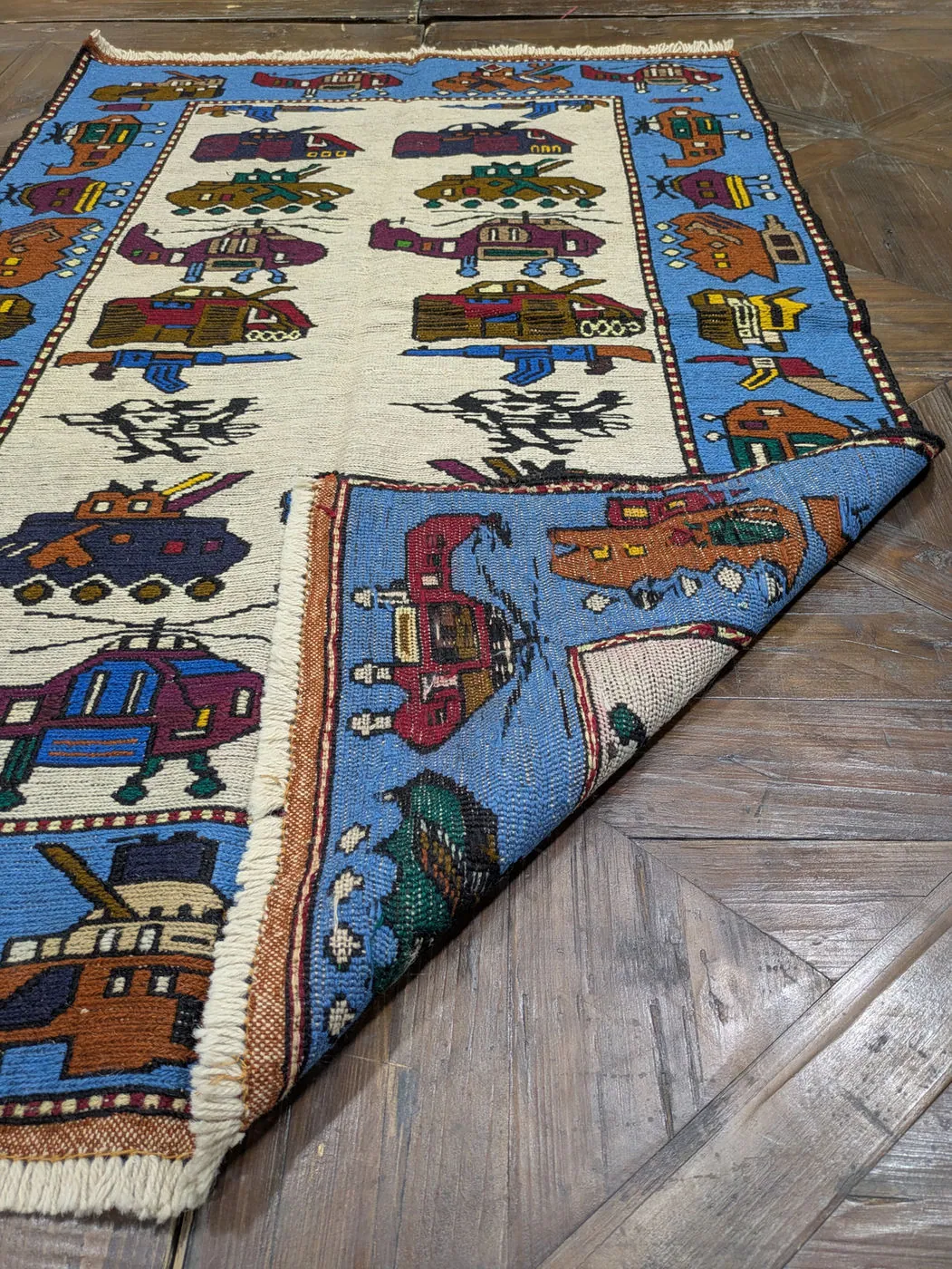 Afghan War Rug #2108: cream, with helicopters, tanks and fighter jets, 143 x 90 cm, photo 3 of 8
