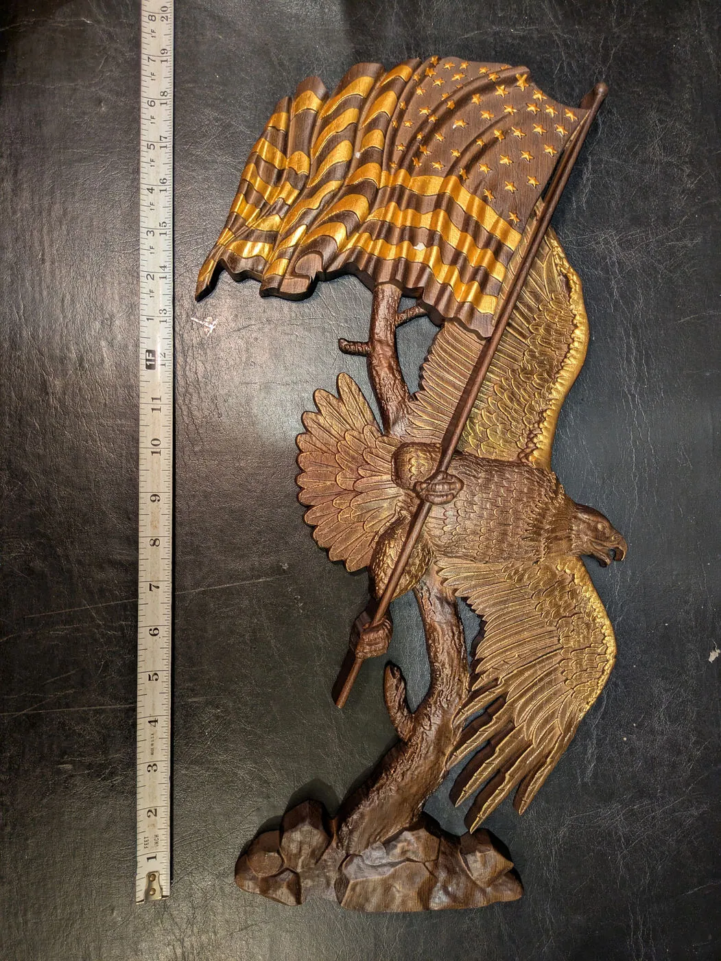 Large Hand-Carved Wooden Eagle & American Flag Wall Plaque, Vintage Americana, photo 9 of 9