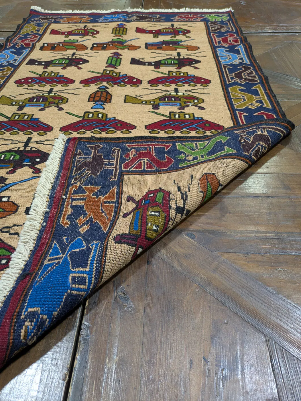 Afghan War Rug #2077: beige, with helicopters, tanks and rows of vehicles, 145 x 87 cm, photo 6 of 8