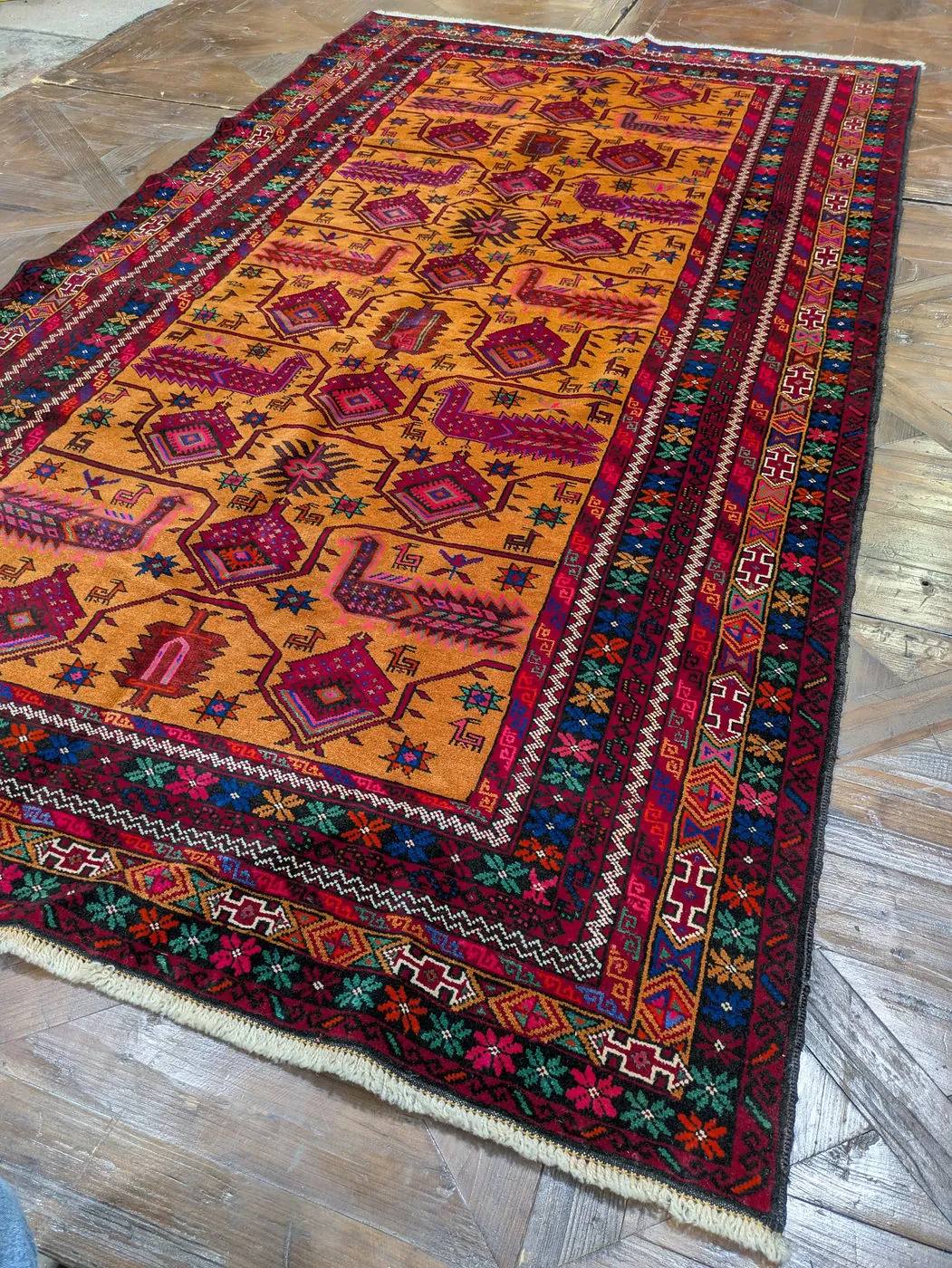Afghan Rug #2080: orange, with diamond medallions and birds, 232 x 128 cm, photo 3 of 8