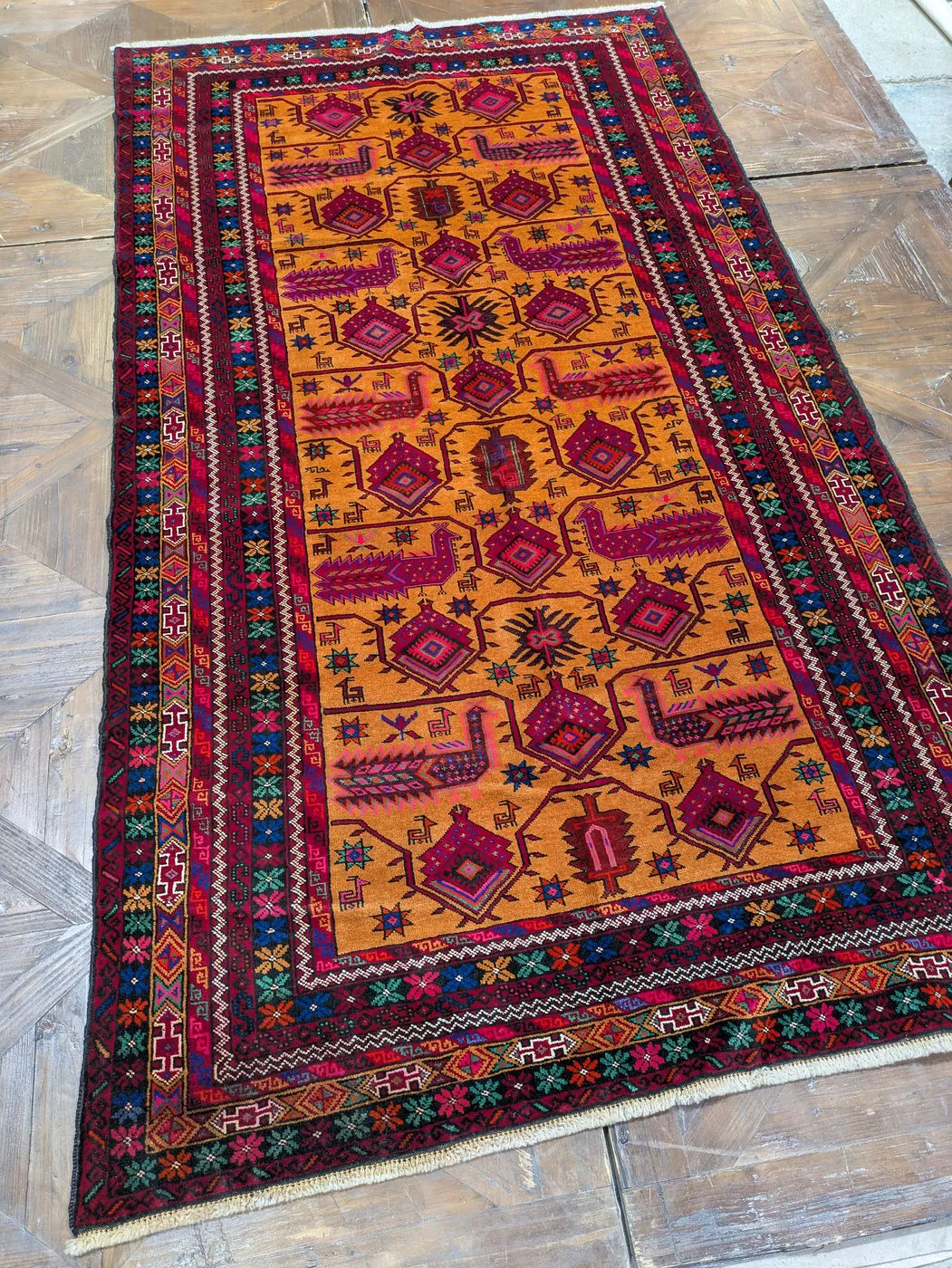 Afghan Rug #2080: orange, with diamond medallions and birds, 232 x 128 cm, photo 2 of 8