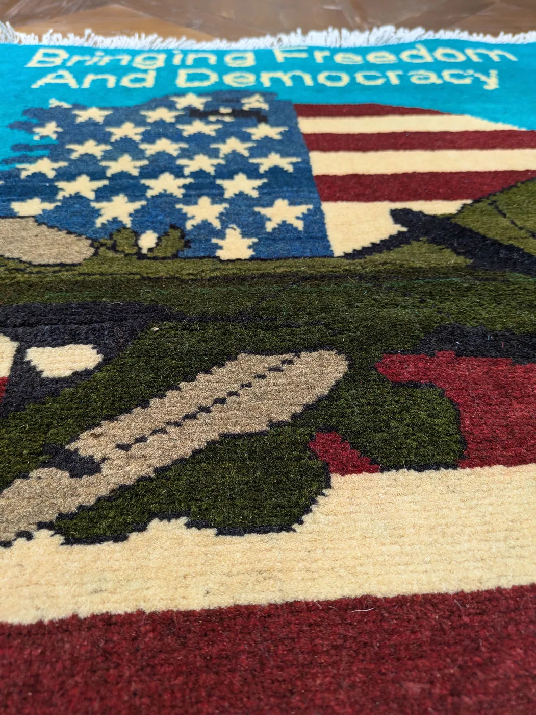 Afghan War Rug #2000: turquoise, with a US flag, aircraft and Bringing Freedom And Democracy, 80 x 60 cm, photo 6 of 8