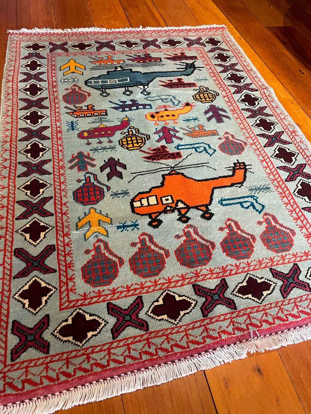 Afghan War Rug #990: pale blue, with helicopters, tanks and hand grenades, 126 x 90 cm, photo 2 of 4