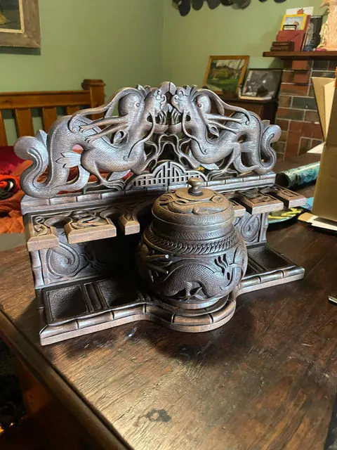 Antique Anglo-Indian Walnut Pipe Rack & Tobacco Jar, Hand-Carved Kashmir c.1900