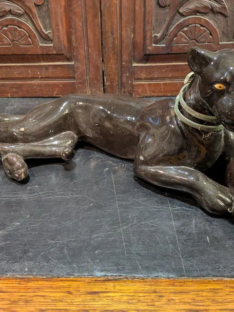 Vintage Black Panther Ceramic Sculpture with Snake Collar, Mid Centuryy Style