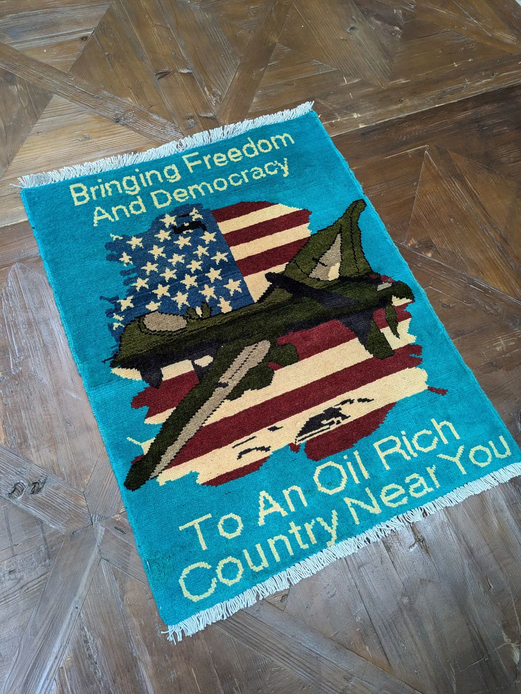 Afghan War Rug #2000: turquoise, with a US flag, aircraft and Bringing Freedom And Democracy, 80 x 60 cm, photo 3 of 8