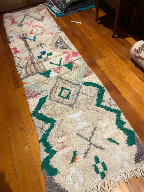 Natural Green Symbols, Azilal Runner, Moroccan Rug, 310 x 85 cm