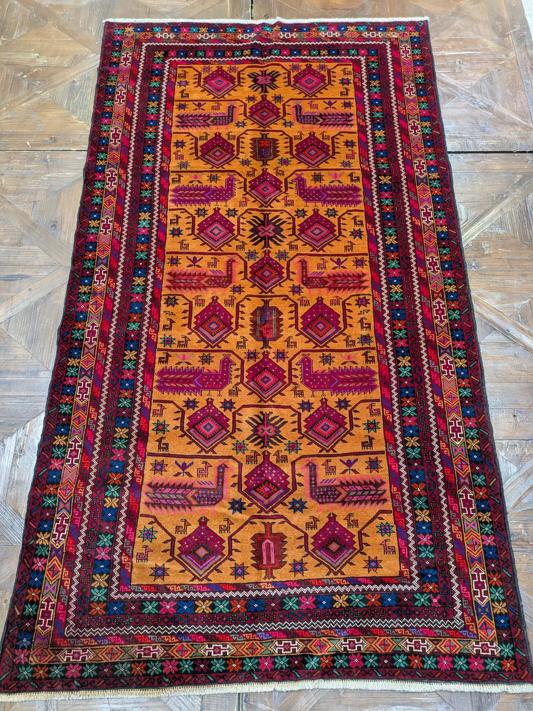 Afghan Rug #2080: orange, with diamond medallions and birds, 232 x 128 cm, photo 1 of 8