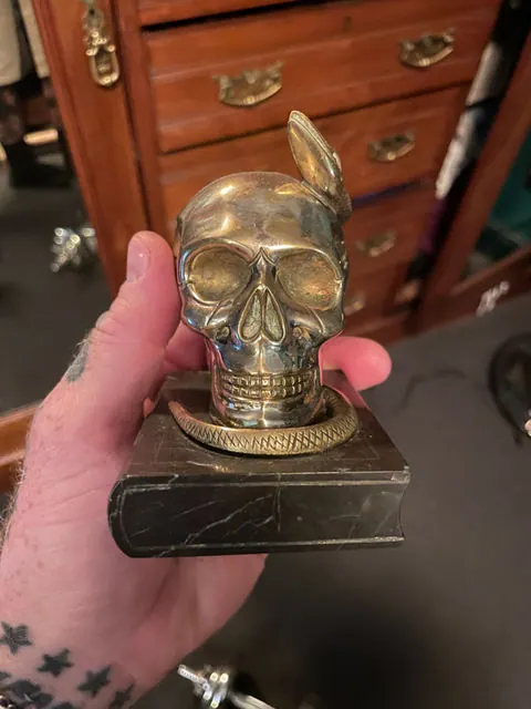 Antique Solid Brass Skull and Snake Paperweight