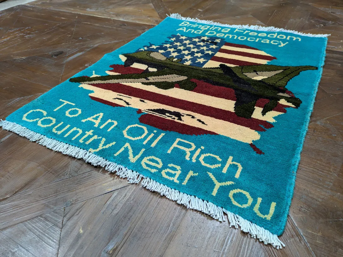 Afghan War Rug #2000: turquoise, with a US flag, aircraft and Bringing Freedom And Democracy, 80 x 60 cm, photo 2 of 8