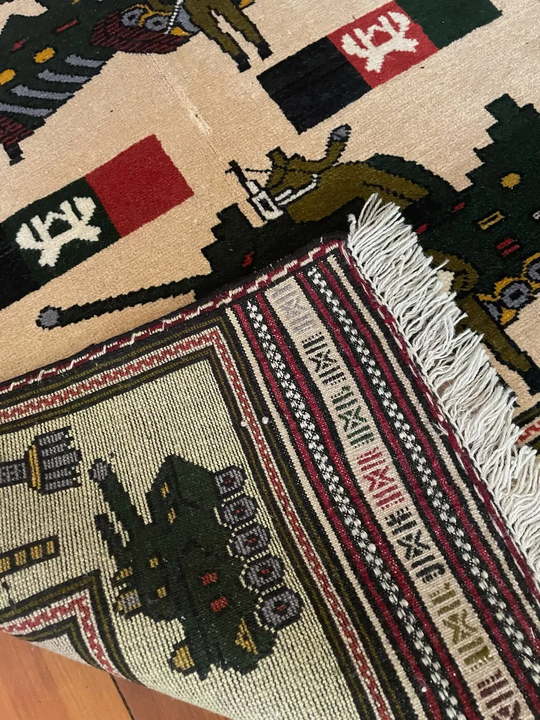 Afghan War Rug #1052: cream, with tanks, soldiers, Afghan flags and fighter jets, 139 x 100 cm, photo 6 of 8